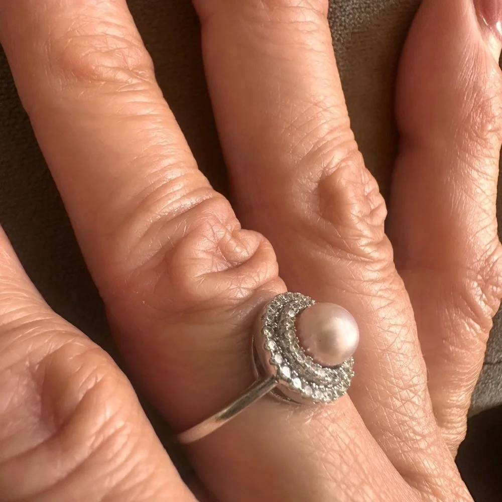 Silver and White Pearl CZ Halo Ring Size 7 Pink Cream Bridal Feminine Timeless